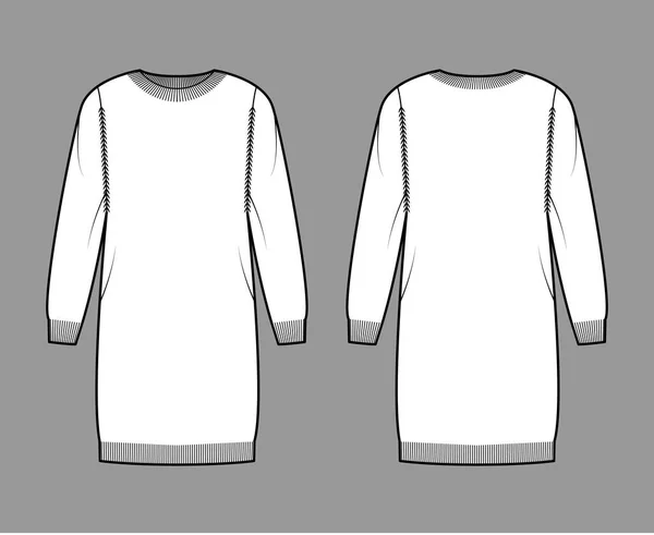 Сукня з шиї екіпажу светр технічної моди ілюстрація з довгими рукавами, розслабляюча посадка, довжина коліна, в'язаний реберний комбінезон — стоковий вектор
