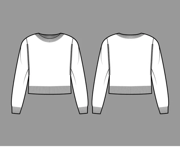Rundhalsausschnitt Pullover technische Mode Illustration mit langen Ärmeln, entspannte Passform, Taillenlänge, Strickrippenbesatz. Flach — Stockvektor