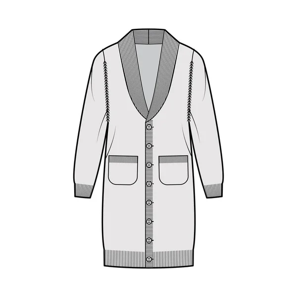カーディガンドレスショールカラー長い袖、特大ボディ、ニットトリム、閉鎖とセーター技術的なファッションイラスト — ストックベクタ