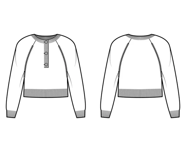 Tröja henley hals beskärd teknisk mode illustration med långa raglan ärmar, midja längd, resår stickad trim jumper — Stock vektor