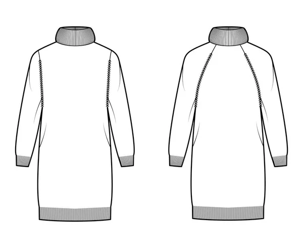 Conjunto de camisola vestido Exagerado gola alta ilustração de moda técnica com mangas compridas raglan, relaxar em forma, costela de malha —  Vetores de Stock