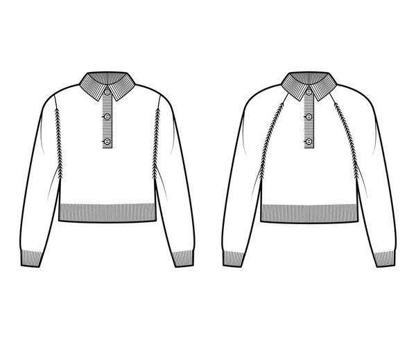 Σετ Polo crop πουλόβερ τεχνική απεικόνιση μόδας με rib henley λαιμό, γιακά, μακριά μανίκια raglan, υπερμεγέθης — Διανυσματικό Αρχείο