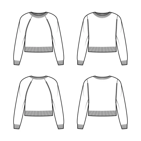 Set of crew neck cropped Sweater technical fashion illustration with long raglan sleeves, oversized fit, knit rib trim — Stock Vector