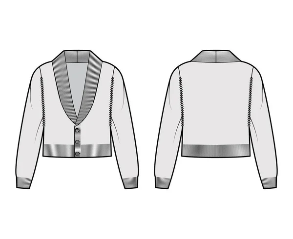 Cardigan recadré Col châle Pull illustration de mode technique avec manche, corps relax, garniture de taille, fermeture par bouton — Image vectorielle