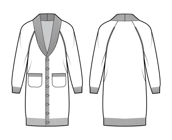 Kardigán ruha Kendő gallér pulóver technikai divat illusztráció hosszú raglan ujjú, túlméretezett test, kötött szegély — Stock Vector