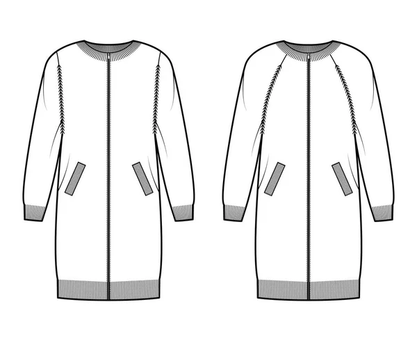 Set di cardigan con zip Maglione illustrazione tecnica di moda con girocollo a costine, oversize, finiture in maglia, tasche — Vettoriale Stock