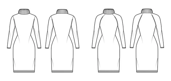 Conjunto de camisola vestido Exagerado gola alta ilustração de moda técnica com mangas raglan longas, ajuste fino, guarnição costela —  Vetores de Stock