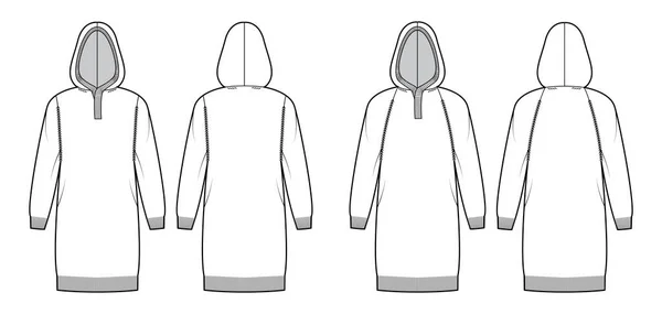 Set van Hooded jurken Truien technische mode illustratie met henley hals, lange raglan mouwen, ontspannen pasvorm — Stockvector