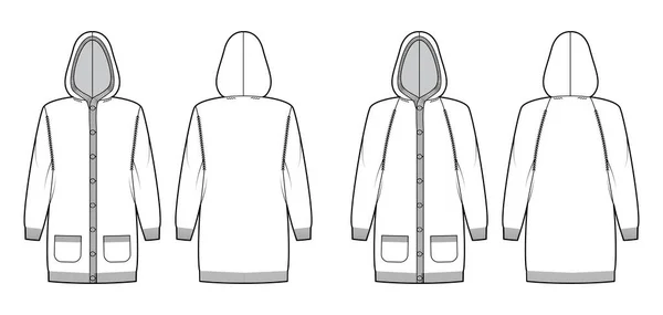 Set van Hooded Cardigan jurk Truien technische mode illustratie met henley hals, lange raglan mouwen, knie lengte — Stockvector