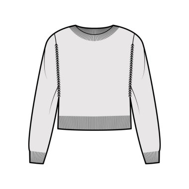 Tayfa yakası, uzun kollu süveter teknik tasviri, rahat formda, bel uzunluğu, örgü örgülü kaburga. Düz