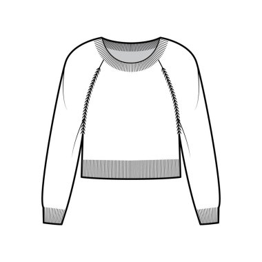 Yuvarlak boyunlu süveter, uzun paçavra kollu, bel uzunluğunda, düz süveter örgü ören, teknik moda illüstrasyonunu kesmiş.