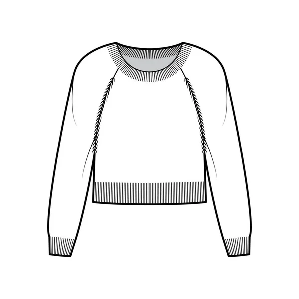 Cuello redondo Jersey recortado técnica moda ilustración con manga larga raglán, longitud de la cintura, punto recorte Jersey plano — Vector de stock