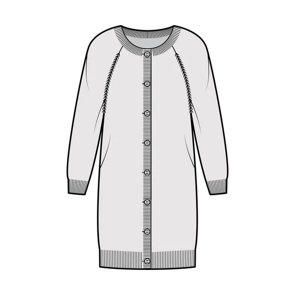 Robe Cardigan col rond illustration de mode technique avec manches raglan longues, corps surdimensionné, longueur du genou, poignets côtelés — Image vectorielle