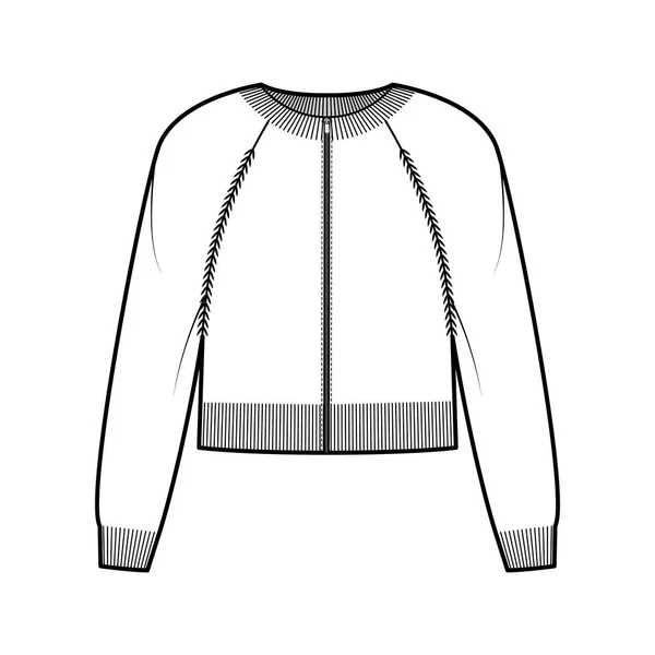 Zip-up beskärd kofta Tröja teknisk mode illustration med ribba besättning hals, långa raglan ärmar, stickad kant — Stock vektor