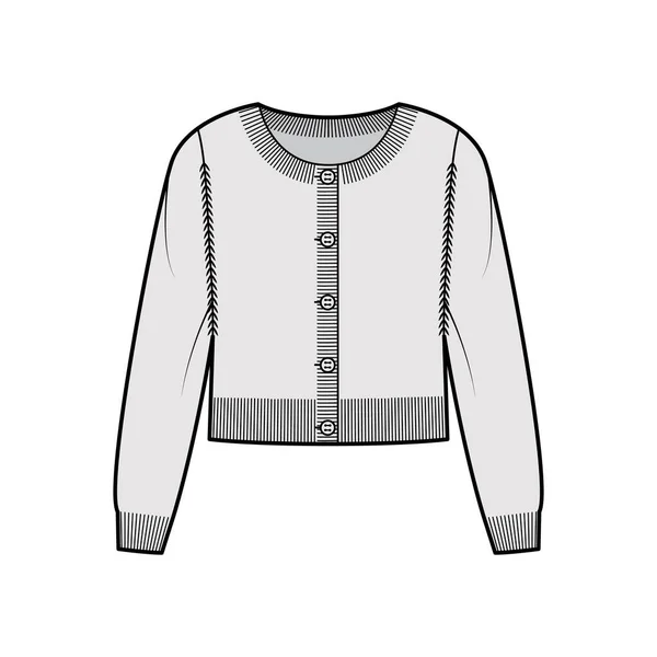 Kulatý krk oříznutý svetr technické módní ilustrace s dlouhými rukávy, nadrozměrné tělo, pletená žebra manžeta. oděv — Stockový vektor