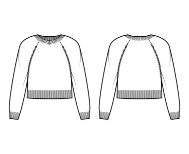 Tayfa boyunlu süveter uzun paçavra kollu, rahat formda, bel uzunluğunda, kaburga bukleli, teknik moda illüstrasyonunu kesti.