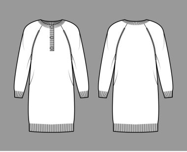 Uzun paçavra kollu, rahat, diz boyu, kaburga düz, uzun enseli, teknik moda illüstrasyonu.