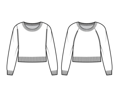 Yuvarlak boyunlu süveter seti. Uzun paçavra kollu, bel uzunluğunda, örgü örgülü, teknik moda çizimi.