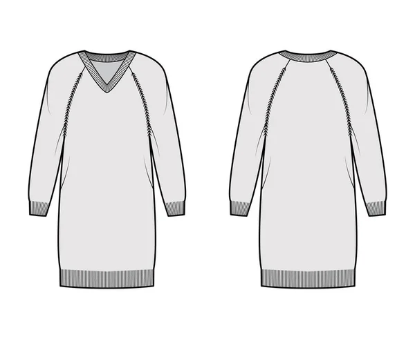 Vestido con cuello en V Jersey ilustración técnica de moda con mangas largas raglán, ajuste relajante, longitud de rodilla, ribete de punto plano — Vector de stock