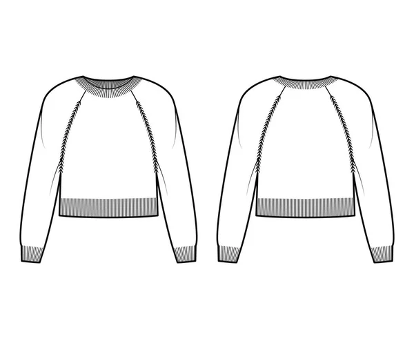 Crew λαιμό πουλόβερ περικοπεί τεχνική εικόνα μόδας με μακρύ μανίκι raglan, χαλαρώστε ταιριάζει, μέση μήκος, πλεκτό rib τελειώματα — Διανυσματικό Αρχείο