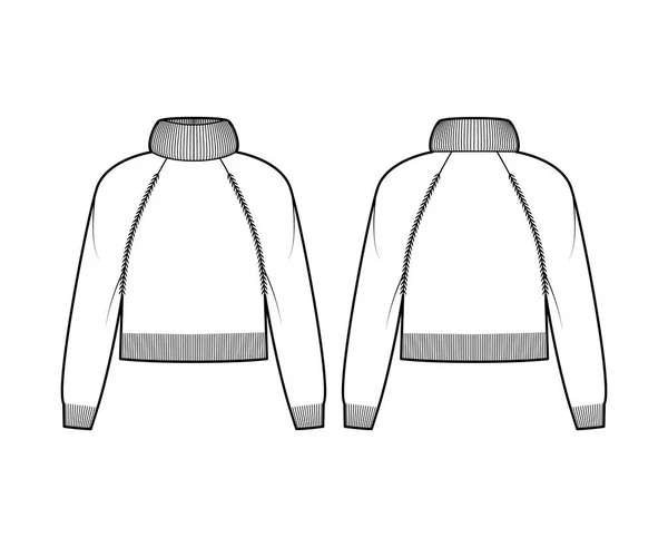 Pull Cropped Exaggerated Illustration de mode technique à col roulé avec manches raglan longues, coupe relax, longueur de taille — Image vectorielle
