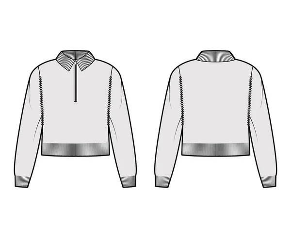 Cropped Zip-up Pullover technische Mode Illustration mit Rippstrick Henley Hals, klassischer Kragen, lange Raglanärmel — Stockvektor