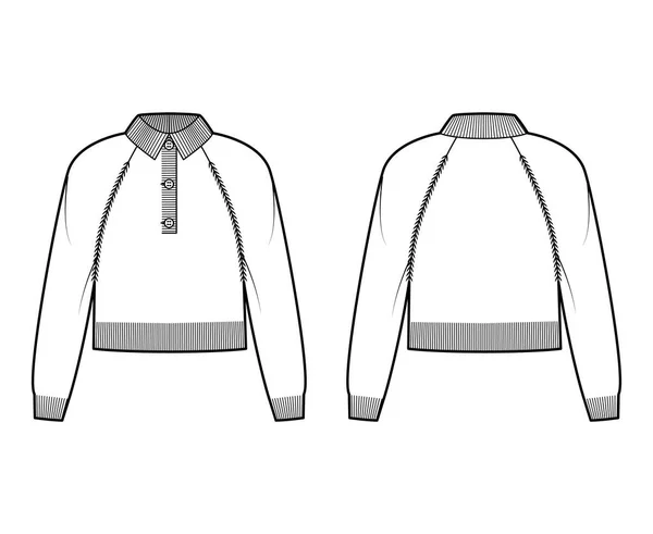 Cropped Polo Sweater técnica moda ilustração com costela henley pescoço, colarinho clássico, manga raglan longa, comprimento do quadril —  Vetores de Stock