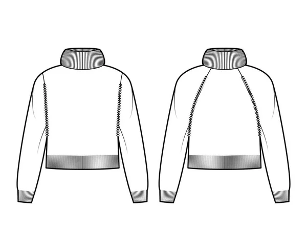 Conjunto de camisolas cortadas Exaggerated Turtleneck ilustração de moda técnica com mangas raglan longas, guarnição costela de malha — Vetor de Stock