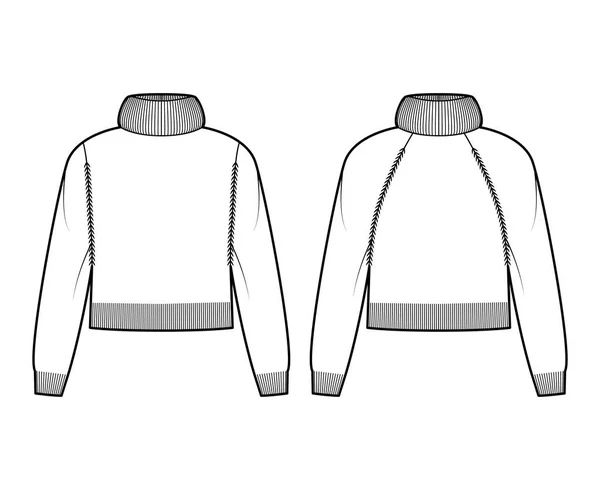 Set van bijgesneden truien overdreven coltrui technische mode illustratie met lange raglan mouwen, gebreide rib trim — Stockvector