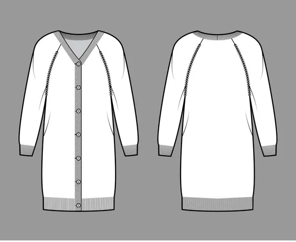 Klänning Cardigan tröja teknisk mode illustration med revben V- hals, långa raglan ärmar, knapp stängning, slappna av passform — Stock vektor