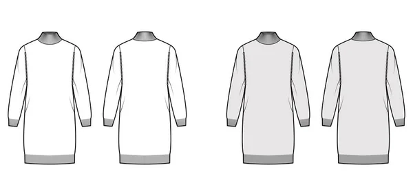 Vestido de cuello alto Suéter ilustración técnica de moda con mangas largas, cuerpo de gran tamaño, longitud de rodilla, adorno de punto. — Vector de stock