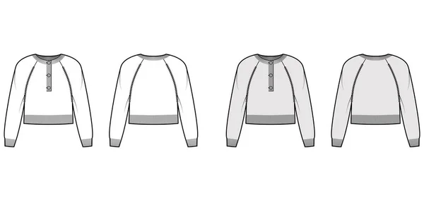 Tröja henley hals beskärd teknisk mode illustration med långa raglan ärmar, midja längd, resår stickad trim jumper — Stock vektor