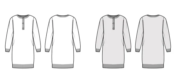 Vestido Suéter henley pescoço técnica de moda ilustração com mangas compridas, relaxar em forma, comprimento do joelho, costela malha guarnição. Plano —  Vetores de Stock