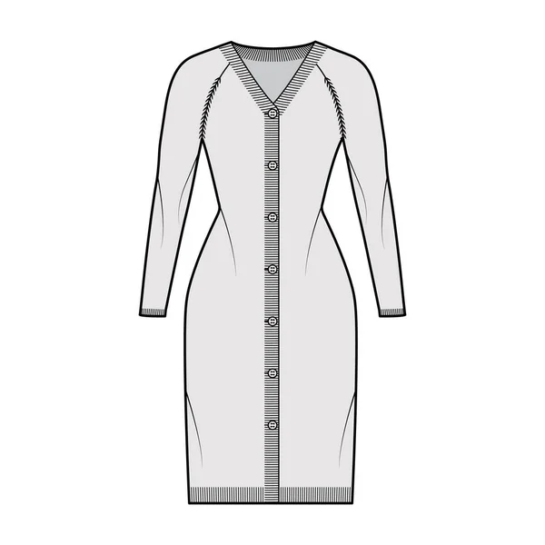 Strickjacke Pullover technische Mode Illustration mit V-Ausschnitt, lange Raglanärmel, Knopfverschluss, schlanke Passform, Schnitt — Stockvektor