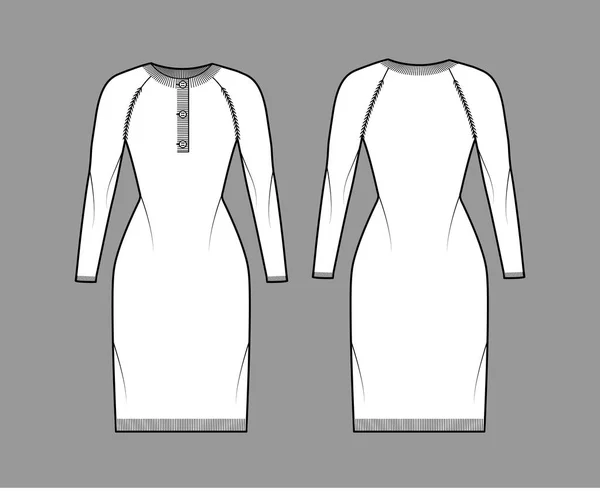Vestido Jersey cuello henley ilustración técnica de moda con mangas largas raglán, ajuste delgado, longitud de rodilla, rib knit trim — Vector de stock