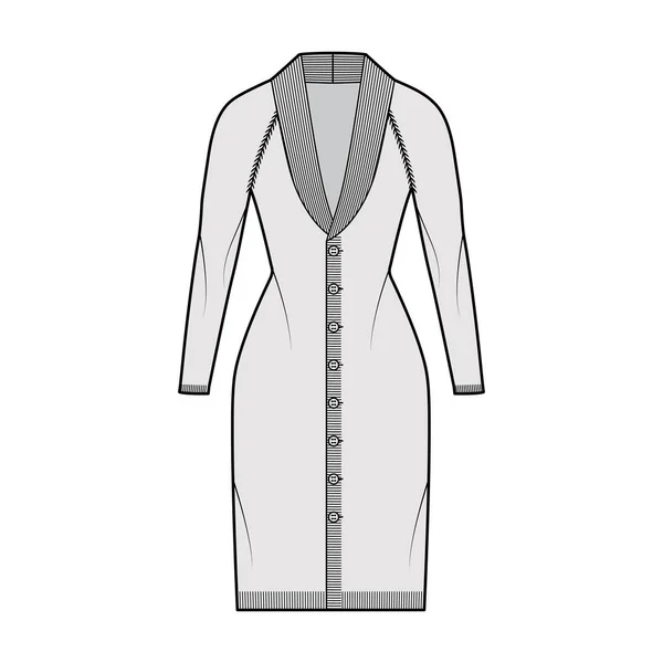 Vestido de cárdigan Cuello de chal Suéter ilustración técnica de moda con mangas largas raglán, cuerpo ajustado, ajuste, cierre — Archivo Imágenes Vectoriales