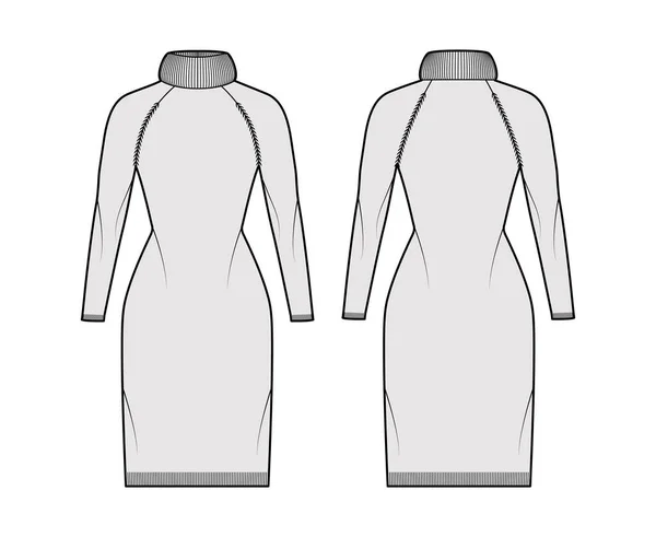 Sweater dress Exaggerated Turtleneck technical fashion illustration with long raglan sleeves, slim fit, knee length — Stock Vector