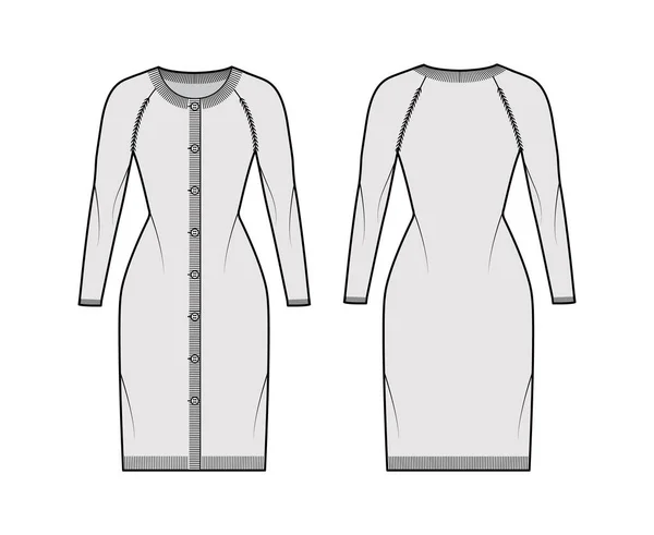 Vestido redondo cardigan ilustração de moda técnica com manga raglan longa, corpo equipado, comprimento do quadril, punho de costela de malha —  Vetores de Stock