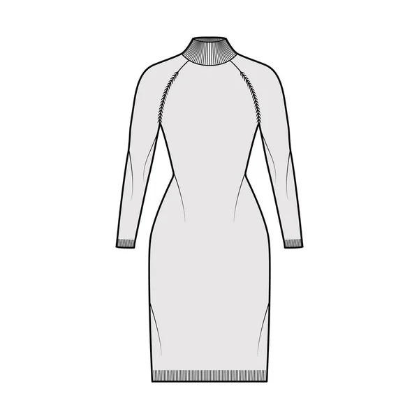 Vestido de gola alta Camisola técnica moda ilustração com mangas compridas, corpo equipado, comprimento do joelho, guarnição de malha. —  Vetores de Stock