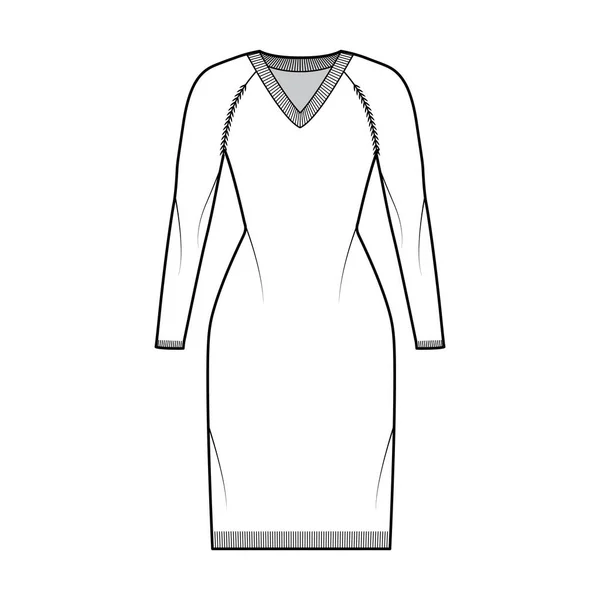 V-neck sukienka Sweter moda techniczna Ilustracja z długimi rękawami raglan, smukłe dopasowanie, długość kolana, wykończenie żeber skoczek — Wektor stockowy