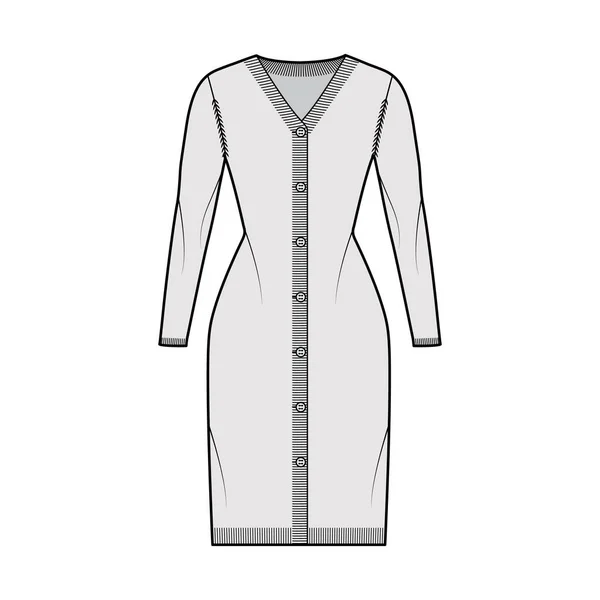 Кардиган сукня светр технічна модна ілюстрація з реберною V- шиєю, довгими рукавами, закриттям кнопки, тонкою підголівкою, оздобленням — стоковий вектор