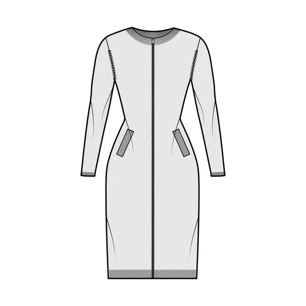 Zip-up vestido casaco de lã suéter técnica moda ilustração com costela tripulação pescoço, mangas compridas, corpo equipado, tricô guarnição — Vetor de Stock