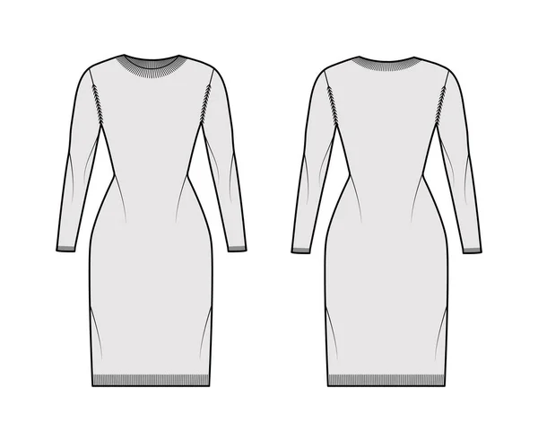 クルーネックドレス長い袖、スリムフィット、膝丈、ニットリブトリムジャンパーとセーター技術的なファッションイラスト — ストックベクタ