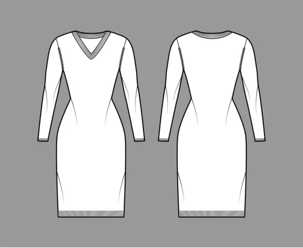 V-pescoço vestido camisola técnica moda ilustração com mangas compridas, ajuste fino, comprimento do joelho, tricô costela guarnição Jumper plano —  Vetores de Stock