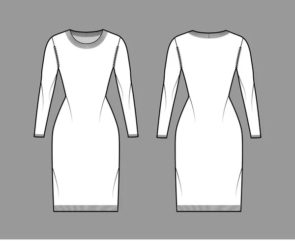 Vestido redondo pescoço camisola técnica moda ilustração com mangas compridas, corpo equipado, comprimento do joelho, tricô costela guarnição —  Vetores de Stock