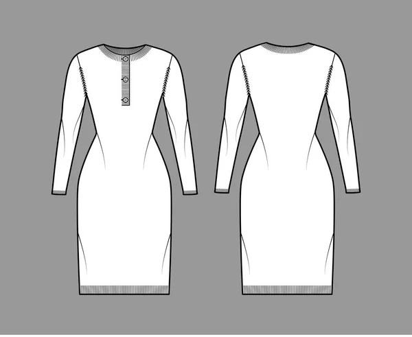 Kleid pullover henley neck technische modeillustration mit langen ärmeln, schlanke form, knielang, strickbund. Flach — Stockvektor