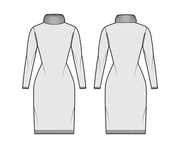 Vestido de camisola Exagerado gola alta ilustração de moda técnica com mangas compridas, ajuste fino, comprimento do joelho —  Vetores de Stock