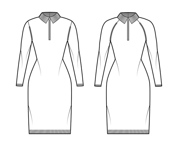 Set of dresses Zip-up Sweaters technical fashion illustration with rib henley neck, long raglan sleeves, fitted body — Stock Vector