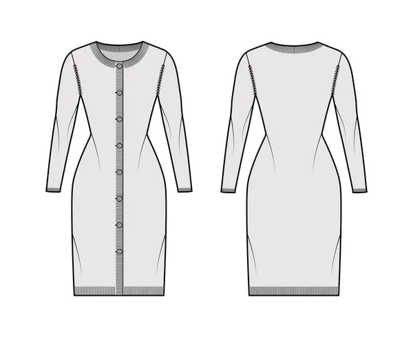Круглая шея платье кардиган техническая мода иллюстрация с длинными рукавами, оснащенный тело, длина бедра, вязаные ребра манжеты — стоковый вектор
