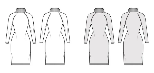 セータードレス誇張されたタートルネック技術的なファッションイラストで長いラグランスリーブ、スリムフィット、膝の長さ — ストックベクタ